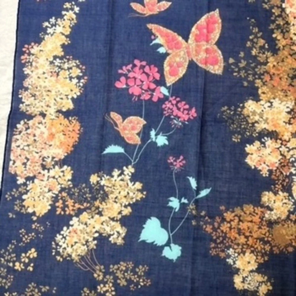 Vtg CHRISTIAN DIOR Scarf Handkerchief Butterfly Floral Cotton Navy Blue 17.5